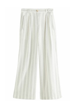 Wide-leg trousers made of textured, lightweight fabric in white with black vertical stripes, featuring a button closure and side pockets.