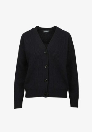 Cardigan nero lavorato a maglia con scollo a V, maniche lunghe e sei bottoni frontali. Il tessuto presenta un motivo a rilievo per un tocco di dettaglio in più.