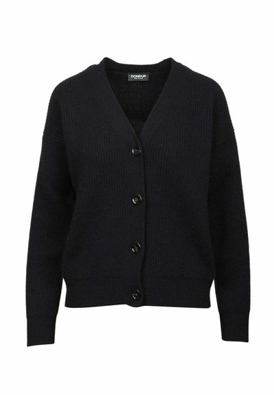 Cardigan nero lavorato a maglia con scollo a V, maniche lunghe e sei bottoni frontali. Il tessuto presenta un motivo a rilievo per un tocco di dettaglio in più.