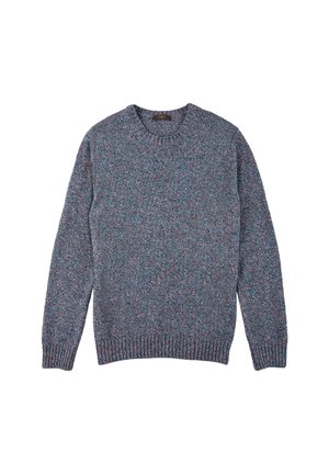 Pull-over en mélange de fibres bleues, grises et roses. Encolure ronde, poignets et ourlet côtelés, motif tricoté texturé sur toute la surface.