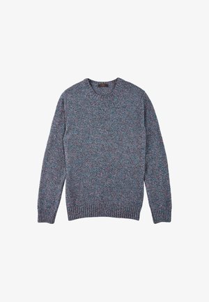 Maglione a pullover in una miscela di fibre blu, grigie e rosa. Collo rotondo, polsini e orlo a costine, motivo di maglia testurizzata su tutta la superficie.