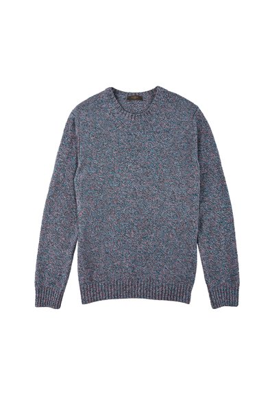 Pullover-Sweater in einer Mischung aus blauen, grauen und rosa Fasern. Runder Ausschnitt, gerippte Bündchen und Saum, strukturiertes Strickmuster im gesamten Design.