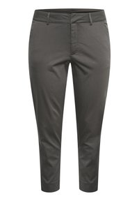 Tmavě šedé slim-fit kalhoty s poutky na pásek, předním zapínáním na knoflík a zúženými nohavicemi končícími nad kotníky.