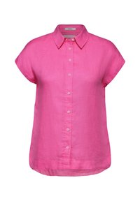 Blusa a maniche corte in lino rosa brillante, con chiusura frontale abbottonata, colletto a punta e vestibilità rilassata. Texture liscia con silhouette leggermente ampia.