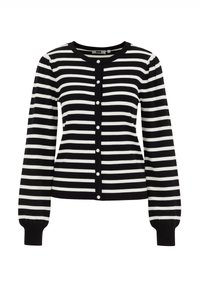 Cardigan rayé noir et blanc avec un col rond, des manches longues et des boutons ressemblant à des perles sur le devant. Tissu en tricot doux.