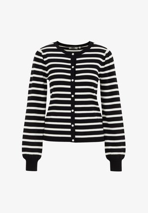 Mustrahiline kardigan mustade ja valgete ridadega, millel on ümmargune kaelus, pikad varrukad ja pärlilaadsed nööbid ees. Pehme kudum.