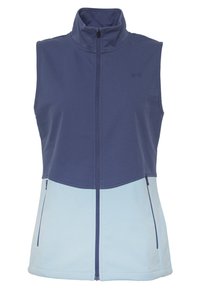 Navy and light blue sleeveless vest, made of soft fabric, features a high collar, front zipper, and two side pockets.