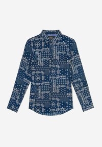 Langsleeve shirt in donkerblauwe stof met een wit patroon van cirkelvormige en geometrische ontwerpen, met een button-down kraag en een afgeronde zoom.