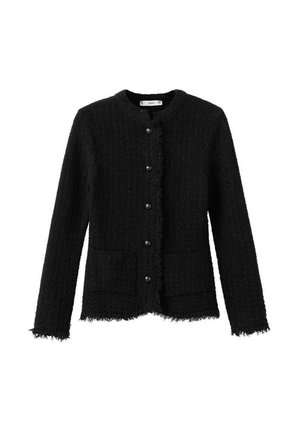 Cardigan noir en tissu texturé avec un col rond, une fermeture à boutons à l'avant et deux poches avant ; présente des bords effilochés et quatre boutons assortis.