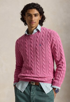 Jeune homme aux cheveux bouclés portant un pull rose torsadé par-dessus une chemise bleu clair, un pantalon vert et une montre-bracelet.