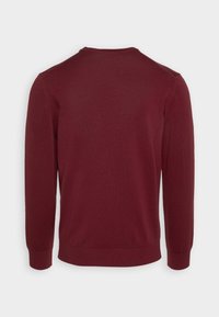 Burgundy sweater, long sleeves, round neck, ribbed cuffs and hem, smooth texture, solid color, unembellished design.