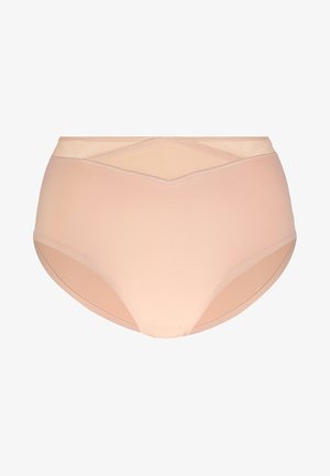 Nude hoge taille slip met een gladde, matte afwerking, elastische tailleband en een sheer mesh accent aan de bovenkant voor extra detail.