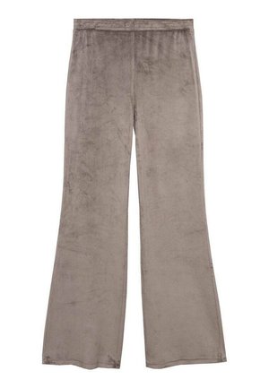 Grijze flared broek van zacht, glad stof met een elastische tailleband. Het ontwerp heeft brede pijpen en een eenvoudig, ongecompliceerd uiterlijk.