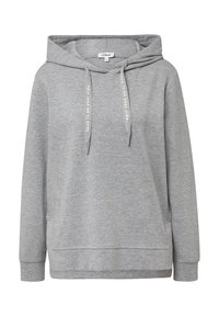 Grijze hoodie met een capuchon met trekkoord, een kangoeroezak, geribbelde manchetten en zoom. Beschikt over een geprinte tekstdetail op de trekkoorden. Zachte stofstructuur.