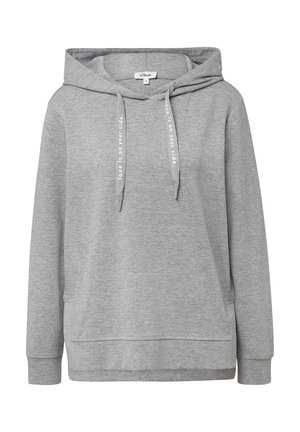 Szary hoodie z kapturem na sznurki, kangurzą kieszenią, prążkowanymi mankietami i dołem. Zawiera nadrukowany detal tekstowy na sznurkach. Miękka tekstura materiału.