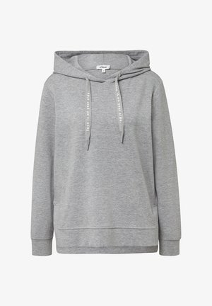 Szary hoodie z kapturem na sznurki, kangurzą kieszenią, prążkowanymi mankietami i dołem. Zawiera nadrukowany detal tekstowy na sznurkach. Miękka tekstura materiału.