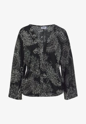 Čierna blúzka s dlhými rukávmi, výstrihom do V, s bielym paisley vzorom a voľným strihom. Vyrobené z ľahkého materiálu.