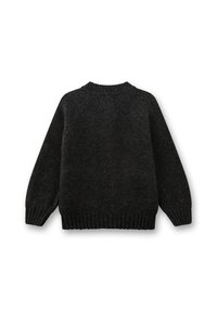 Dunkelgrauer gestrickter Pullover mit langen Ärmeln, gerippten Bündchen, Saum und Kragen, von hinten auf einem weißen Hintergrund gezeigt.