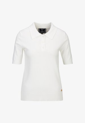 Wit poloshirt met korte mouwen, drie knopen, uitgespreide kraag, geribbelde zoom en een klein gouden logolabel aan de onderkant rechts.