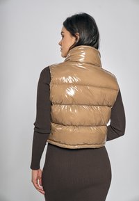 Béžová lesklá prošívaná vesta s vysokým límcem, s prošívanými sekcemi a přiléhavým střihem, ve spojení s hnědými žebrovanými šaty.