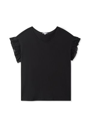 Top nero a maniche corte con dettagli in rete arricciati sulle spalle. Tessuto in cotone morbido, scollatura rotonda e vestibilità rilassata.