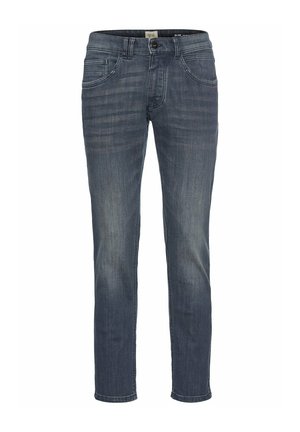 Jeans slim en denim bleu foncé, avec un design classique à cinq poches, des décolorations subtiles et une fermeture éclair avec bouton.