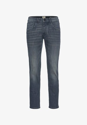Slim-Fit-Jeans aus dunkelblauem Denim mit klassischem Five-Pocket-Design, dezentem Farbverlauf und einem Reißverschluss mit Knopfverschluss.
