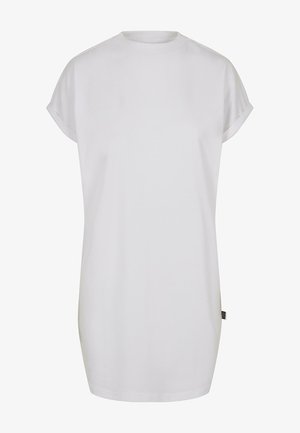 Fehér, rövidujjú pamut ruhához hasonló póló. Kerek nyakkivágása és felgöngyölt ujjai vannak. Egyszerű, díszítés nélküli design. Puha tapintású.