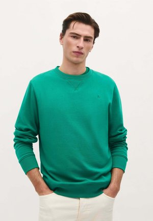 Groene katoenen sweatshirt met geribbelde manchetten en halslijn, met een ontspannen pasvorm en subtiele logo-details op de borst, tegen een witte achtergrond.