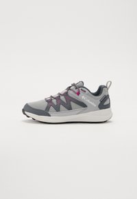 Gray hiking shoes with pink accents, breathable mesh upper, padded collar, durable rubber sole, and reflective details for visibility.