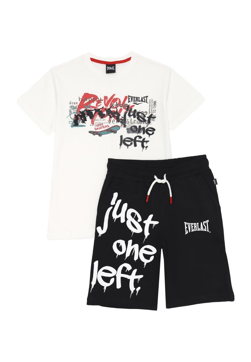T-shirt bianca con stampa grafica multicolore e pantaloni corti neri caratterizzati da testo bianco "solo uno rimasto" e logo Everlast. Mistura di cotone, design casual.