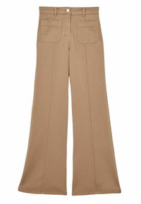 Beige weite Hose mit hoher Taille, seitlichen und hinteren Taschen sowie einem Knopfverschluss. Sanfte Textur und gerade, taillierte Linien.