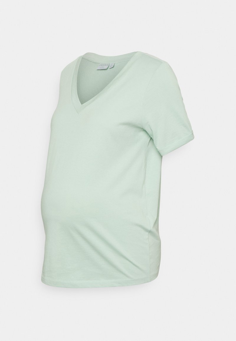 T-shirt de maternidade em verde menta claro com decote em V, mangas curtas e um corte descontraído. Feito de tecido de algodão suave com uma textura lisa.