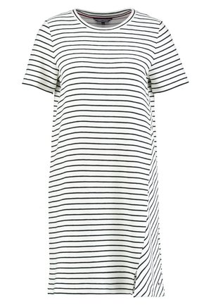 Abito a t-shirt a righe in bianco e nero, maniche corte, scollatura rotonda, con spacco laterale, realizzato in morbido tessuto misto cotone.