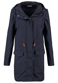 Mörkblå huvtröja i mjukt tyg, med en framzipper, två sidofickor och justerbara snoddar.