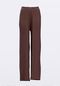 Pruunid soonikkoes püksid laiade säärtega ja elastse vöökohaga. Tekstuuriga pind lisab kangale sügavust.