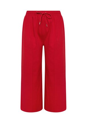 Pantaloni larghi rossi realizzati in morbido tessuto di cotone, con vita elastica e cordoncino, e due tasche laterali.