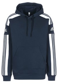 Sweat à capuche bleu marine avec cordon de serrage, poche avant et accents de rayures blanches sur les épaules et les manches. Confectionné en coton doux. Logo Adidas visible.