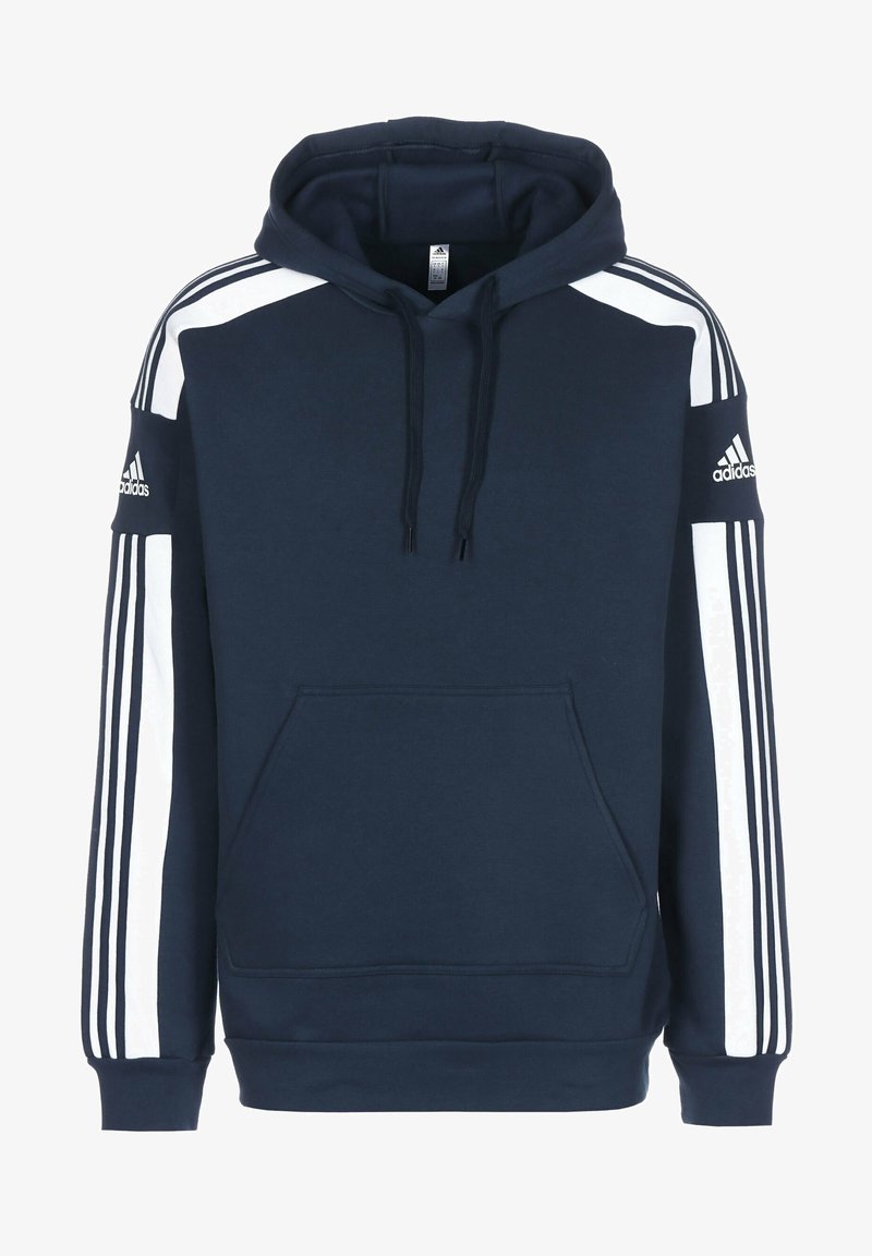 Sweat à capuche bleu marine avec cordon de serrage, poche avant et accents de rayures blanches sur les épaules et les manches. Confectionné en coton doux. Logo Adidas visible.