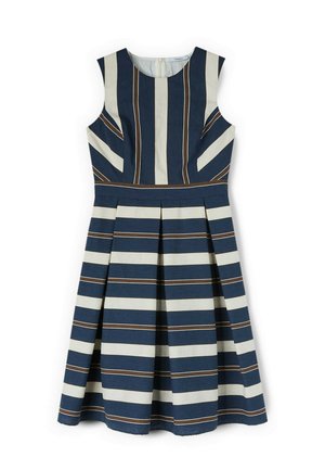 Ærmeløs knælængde kjole med lodrette og vandrette striber i navy, hvid og brun samt figursyet talje med plisseret nederdel.