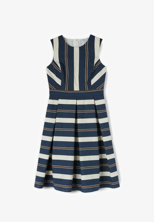 Ærmeløs knælængde kjole med lodrette og vandrette striber i navy, hvid og brun samt figursyet talje med plisseret nederdel.