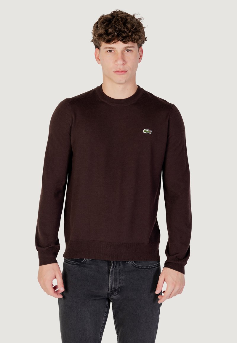 Pull en maille marron foncé à manches longues avec col rond. Présente un petit logo vert sur la poitrine gauche. Fabriqué dans un matériau tricoté et lisse.