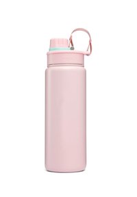 Roze roestvrijstalen waterfles met een gestructureerde oppervlakte, een mintgroene schroefdop en een draagriem.