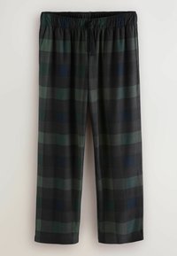 Pantalones de pijama de cuadros en tonos de negro, verde oscuro y azul marino. Cuentan con una cinturilla elástica con cordón y piernas anchas.