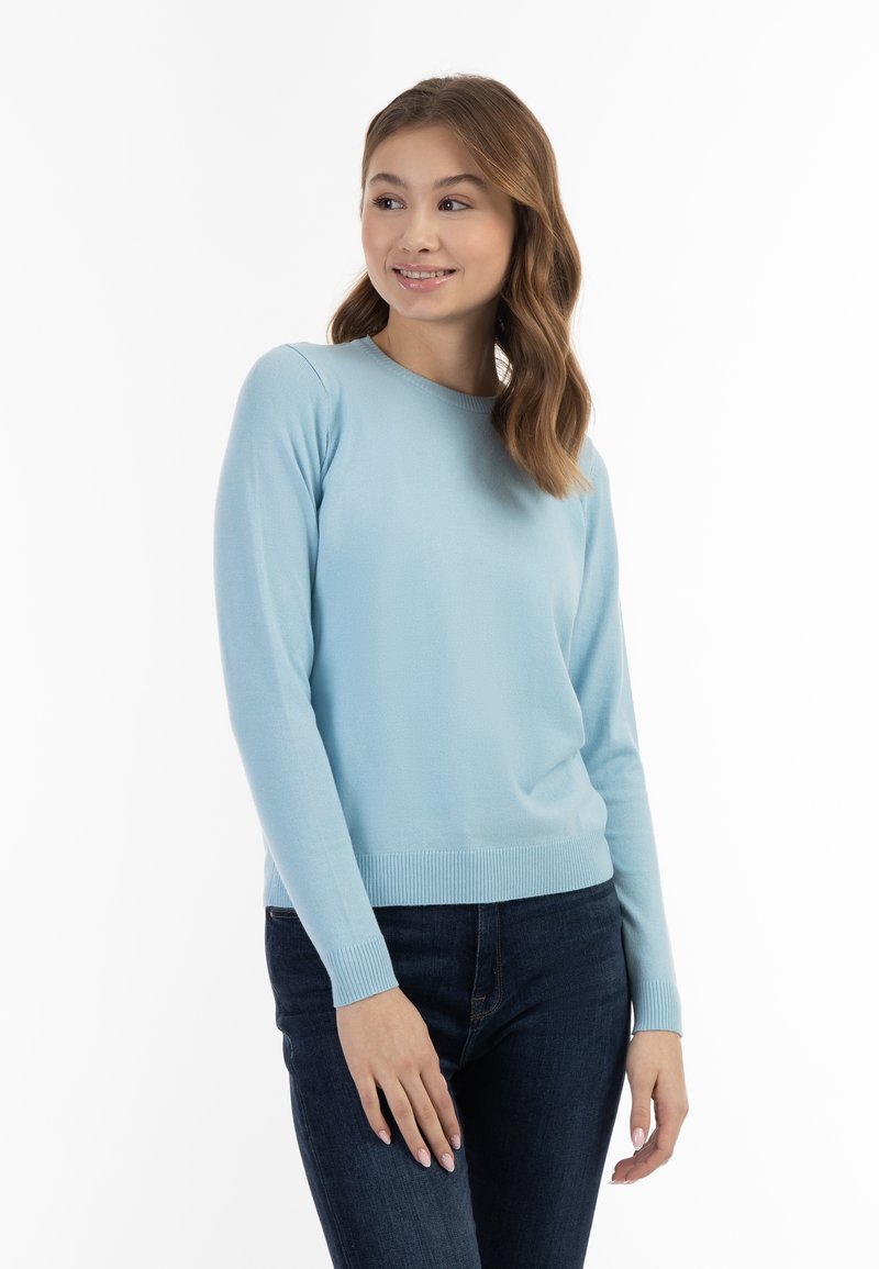 Maglione a maglia blu chiaro con maniche lunghe, scollo rotondo e orlo a coste. Abbinato a jeans di denim scuri.