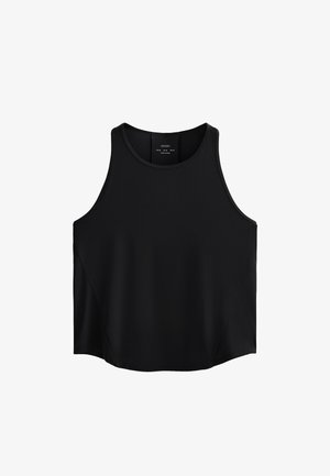 Zwarte mouwloze top van gladde stof, met een ronde halslijn, rechte snit en zijpanelen met een subtiele textuur.