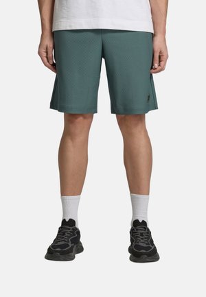 Hombre con pantalones cortos texturizados en color verde azulado, calcetines blancos y zapatillas negras, de pie con los brazos relajados a los lados contra un fondo blanco.