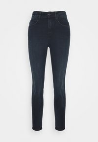 Jeans skinny de color azul oscuro hechos de denim. Presentan un diseño ajustado con cinco bolsillos y un cierre frontal con botón. Textura suave.
