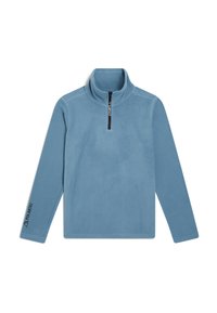 Lysblå fleece-pullover med halv-zip krave. Har en sort lynlås og logoer på kraven og manchetterne. Blød tekstur, lange ærmer.