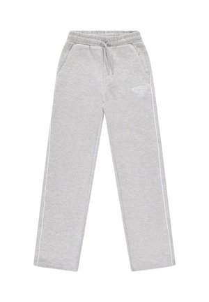 Lichtgrijze joggingbroek met elastische tailleband, trekkoord, zijzakken, witte strepen aan de zijkant en een klein "Marseille Wellness Club"-logo op de linker dij.